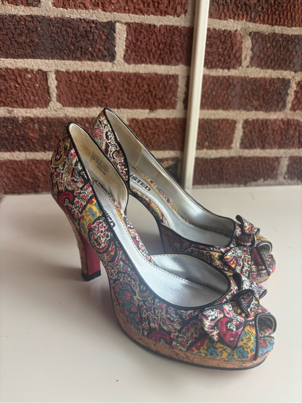 Unlisted Multicolor Floral Peep-Toe Heels with Bow